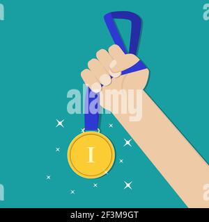 Hand holding golden medal champion prize winner reward sketch vector ...