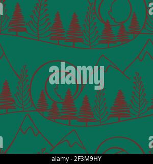 Seamless vector pattern with forest and mountains landscape on green background. Simple artistic line art wallpaper design. Stock Vector