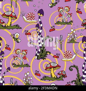 Seamless vector pattern with fun colourful mushrooms on purple background. Crazy hippy wallpaper decoration design. Bright childish fashion textile. Stock Vector