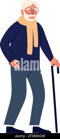 old bearded man and glasses with cane vector illustration Stock Vector ...
