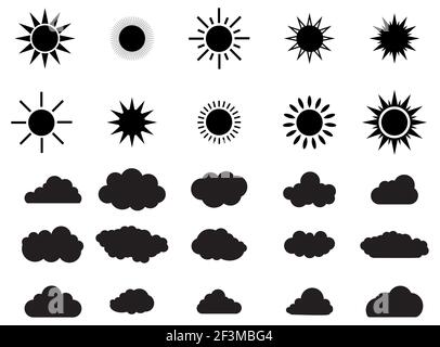 Big set of summer shining Sun and clouds Stock Vector