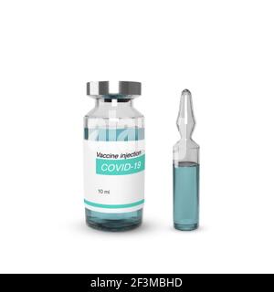 Ampoule with medical drug and vial with vaccine. Glass realistic bottle with medicament. Vector illustration Stock Vector