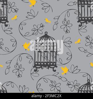 Seamless vector pattern with birdcage and yellow birds. Romantic  grey silver background. Luxury wallpaper design with bird and flowers. Stock Vector
