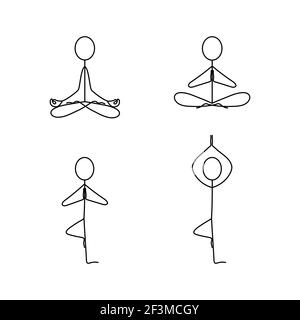 Cartoon icons of sketch vector stick figures meditating isolated on white background Stock Vector