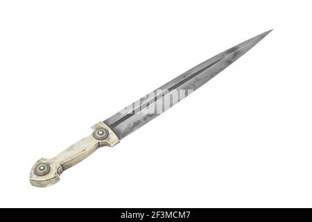 Beautiful vintage example of caucasian dagger with silver grip and blade from Damascus steel in form of Rome sword. The 19th century (Time of Russian- Stock Photo
