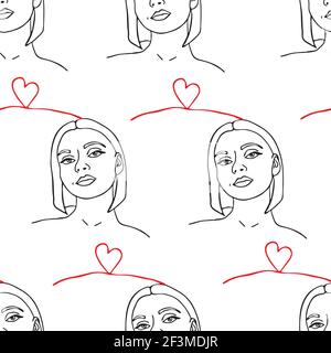 Seamless vector pattern with women on white background. Simple line art wallpaper design with girls. People fashion textile. Stock Vector