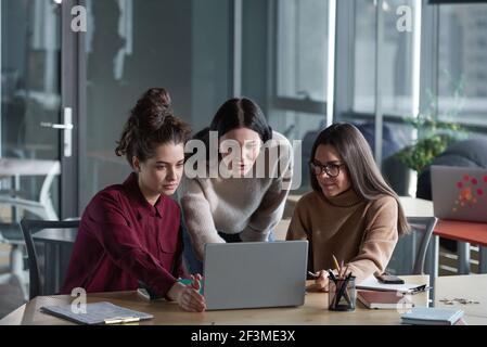 Group of young women sitting at the table and using laptop in their work at office Stock Photo