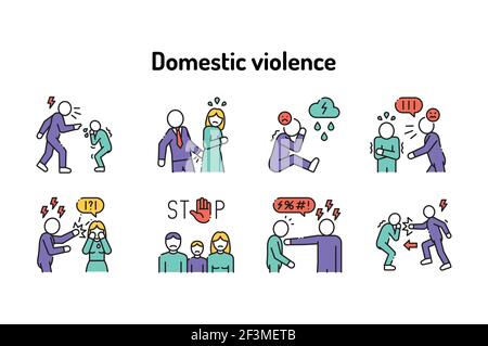 Domestic violence color line icons set. Harassment, social abuse and bullying. Signs for web page, mobile app, button, logo. Editable stroke. Stock Vector