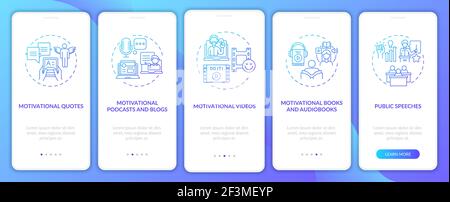 Motivational content sources onboarding mobile app page screen with concepts Stock Vector