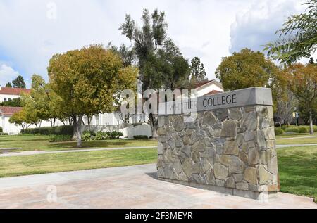 WHITTIER, CALIFORNIA 12 MAR 2021: Whittier College Sign at the Lower Quad on the Campus of the Liberal Arts school. Stock Photo