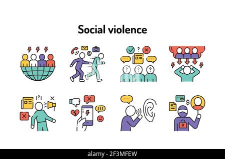 Social violence color line icons set. Harassment, social abuse and bullying. Signs for web page, mobile app, button, logo. Editable stroke. Stock Vector