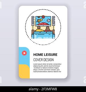 Home leisure brochure template. Daily routine cover design. Print design with linear illustration cartoon character on a white background. Stock Vector