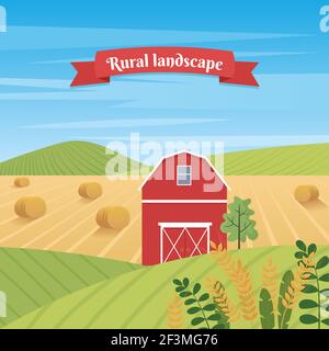 Rural landscape with farmhouse and ears of wheat. Vector illustration in flat style Stock Vector