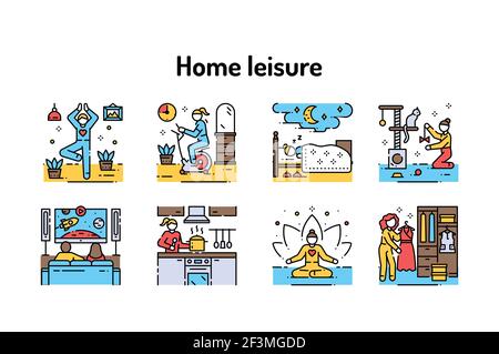 Home leisure color line icons. Homework and hobby: Cleaning, Cooking, Yoga, Sport. Vector isolated illustration. Editable stroke Stock Vector