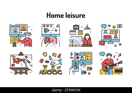 Home leisure color line icons. Hobby: E-learning, gaming, painting. Vector isolated illustration. Editable stroke Stock Vector