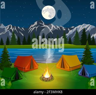 poster showing campsite with a campfire Stock Vector