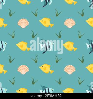 Bright seamless pattern with fish, shells and algae on a blue background Stock Vector