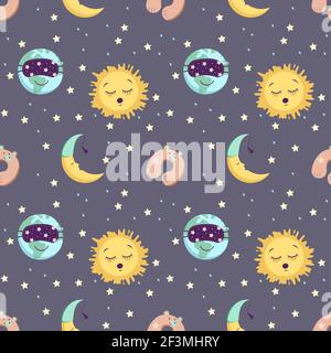 Seamless pattern with sun, earth and moon Stock Vector