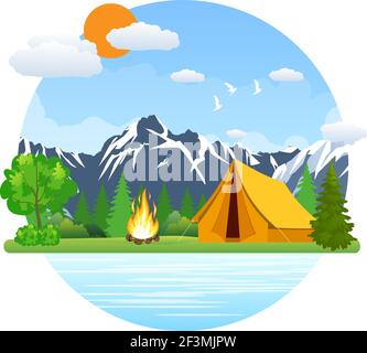 Summer landscape tent and bonfire Stock Vector