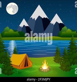 poster showing campsite with a campfire Stock Vector