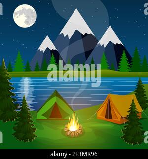 poster showing campsite with a campfire Stock Vector
