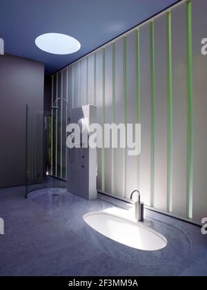 Shower and sunken bathtub in bathroom in Canadian home Stock Photo