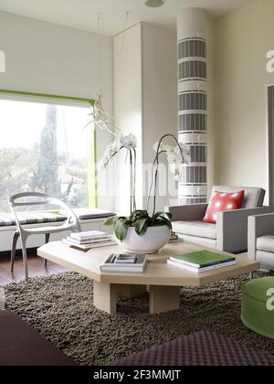 Seating around coffee table in living room of USA home Stock Photo