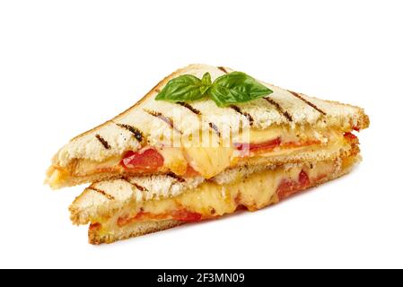 Hot sandwich with melted cheese on white Stock Photo
