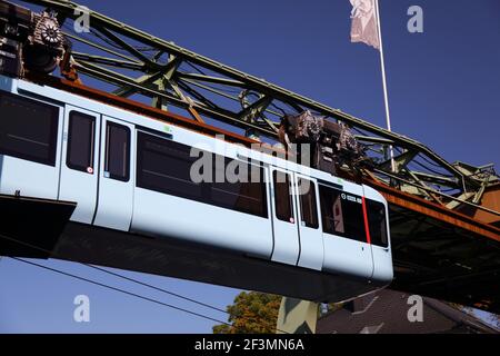 WUPPERTAL, GERMANY - SEPTEMBER 19, 2020: Wuppertaler Schwebebahn (Wuppertal Suspension Railway) train in Germany. The unique electric monorail system Stock Photo