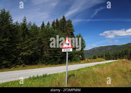 Moose warning sign at a mountain road in Setesdal valley in Agder county, Norway. Stock Photo