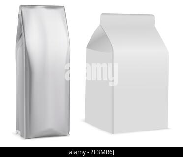 Coffee bag mockup, white package, tea, biscuit. Paper pouch, milk pack, retail product. Snack package blank, glossy flex box, isolated pillow sachet f Stock Vector