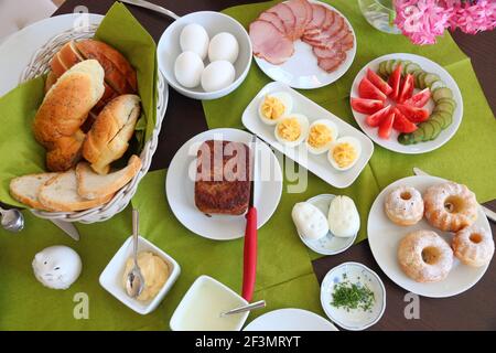 Easter breakfast table in Poland. Easter foods in Europe. Polish Easter breakfast. Stock Photo