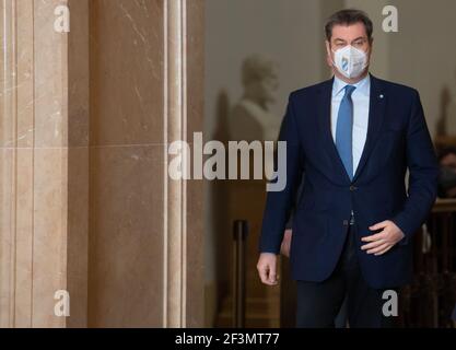 Munich, Germany. 17th Mar, 2021. Markus Söder (CSU), Minister President of Bavaria, gives a press statement before the start of a CSU parliamentary group meeting in the Bavarian state parliament. Credit: Sven Hoppe/dpa/Alamy Live News