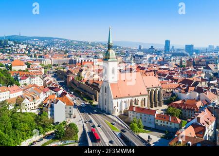 The St. Martin Cathedral aerial panoramic view. St Martin Cathedral is a roman catholic church in Bratislava, Slovakia. Stock Photo