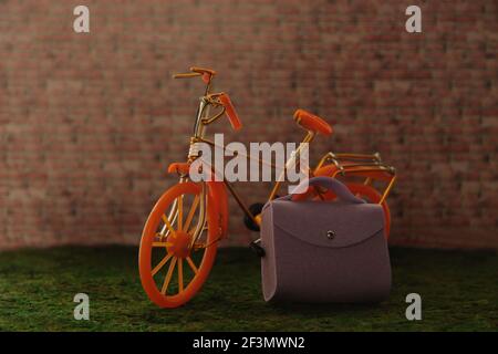 a bicycle and brief-case on green grass against brick background. City transportation concept Stock Photo