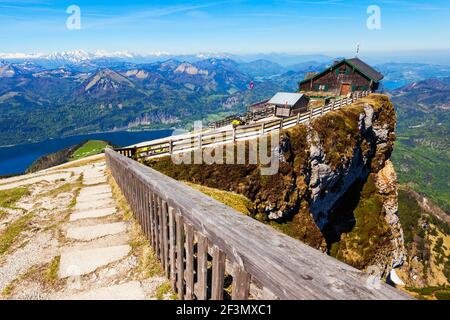 Restaurant at the Schafberg viewpoint, Upper Austria. Schafberg viewpoint located in the Salzkammergut region of Austria near St Wolfgang. Stock Photo