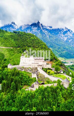 Hohenwerfen Castle or Festung Hohenwerfen aerial panoramic view. Hohenwerfen is a medieval rock castle overlooking the Austrian Werfen town in Salzach Stock Photo