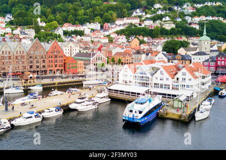 Bryggen aerial panoramic view. Bryggen is a series commercial buildings at the Vagen harbour in Bergen, Norway. Stock Photo