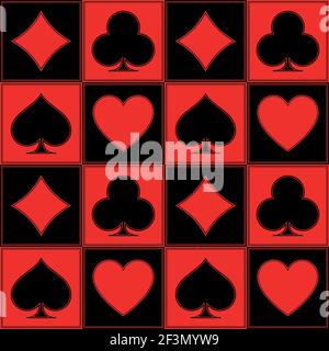 Vector design of a poker pattern, with the symbols of clover, ace, diamonds and heart, in red and black colors Stock Vector