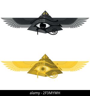 Vector illustration of winged pyramid with eye of horus, ancient egyptian pyramid with wings, winged pyramid, eye of horus, ankh cross Stock Vector