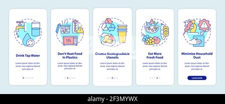 Avoiding microplastics tips onboarding mobile app page screen with concepts Stock Vector