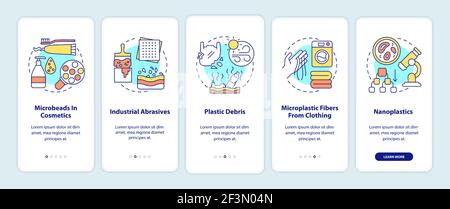 Microplastics sources and types onboarding mobile app page screen with concepts Stock Vector