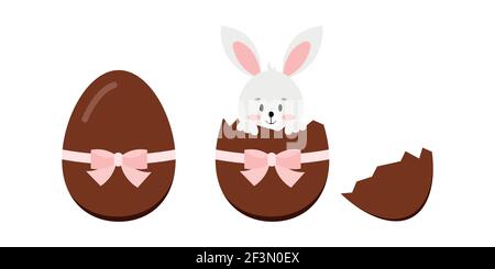 Easter kids chocolate egg and bunny rabbit inside with bow isolated on white background. Stock Vector