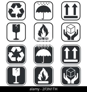 Vector design of Cardboard Box Packaging Symbols, two different styles, all on White background Stock Vector