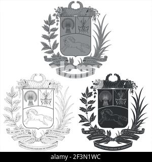 Vector design of the coat of arms of Venezuela, in three different styles, in black and white Stock Vector