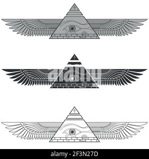 Silhouette illustration Winged pyramid with eye of horus, ancient egyptian pyramid with wings, balco and black, grayscale Stock Vector