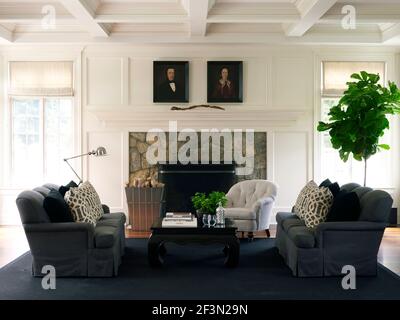 Grey sofas in classic living room of traditional US home Stock Photo