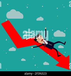 cartoon businessman falling from the red chart arrow. Stock Vector