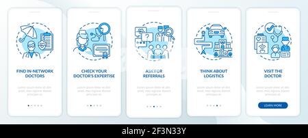 Choosing primary care doctor tips blue onboarding mobile app page screen with concepts Stock Vector