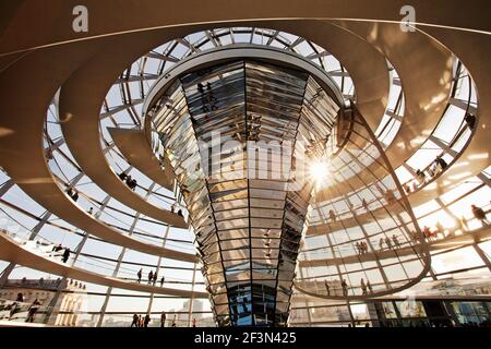 Germany, Berlin, Reichstag, The Glass Dome, 1999, created by Sir Norm Foster. Interior view with people on the various levels of the staircase.